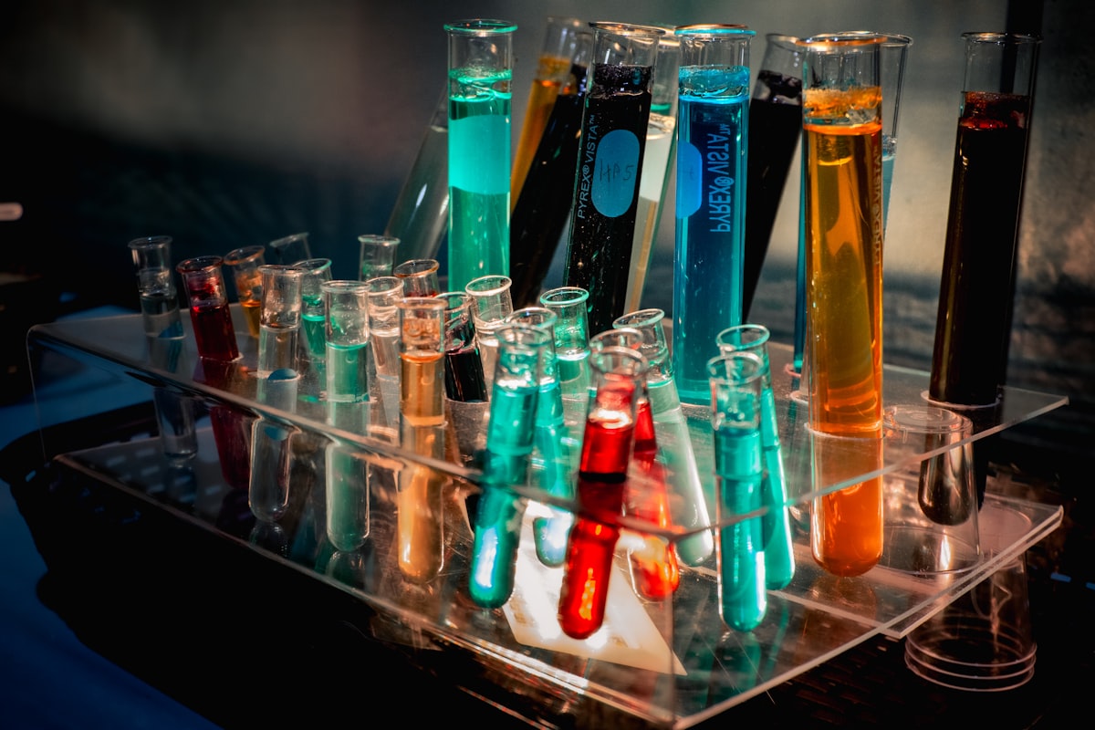 Chemistry lab with test tubes and colored solutions