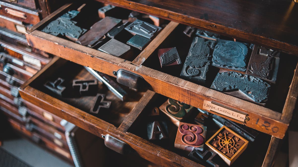 Drawers of vintage metal letterpress type